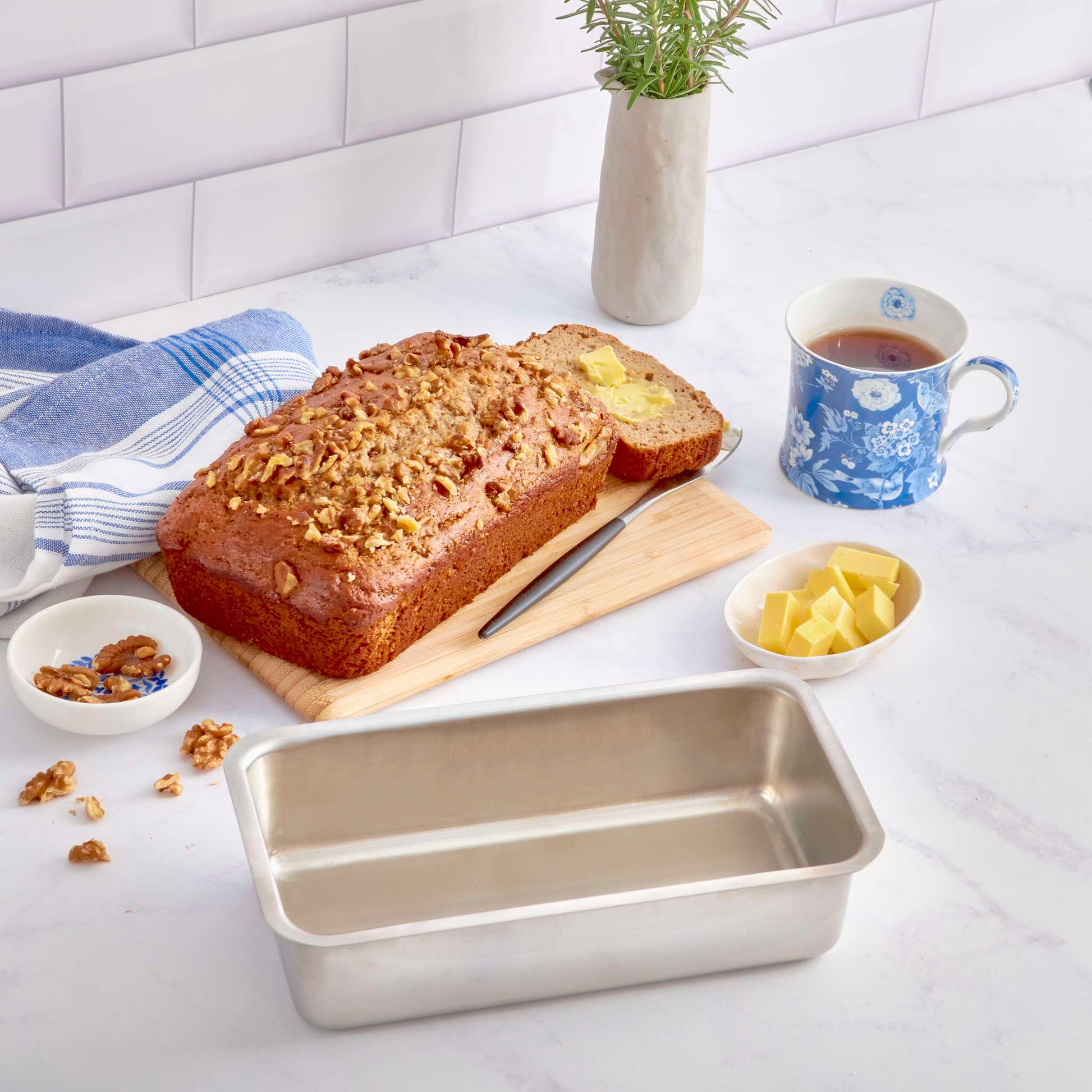 Stainless steel loaf tin in use