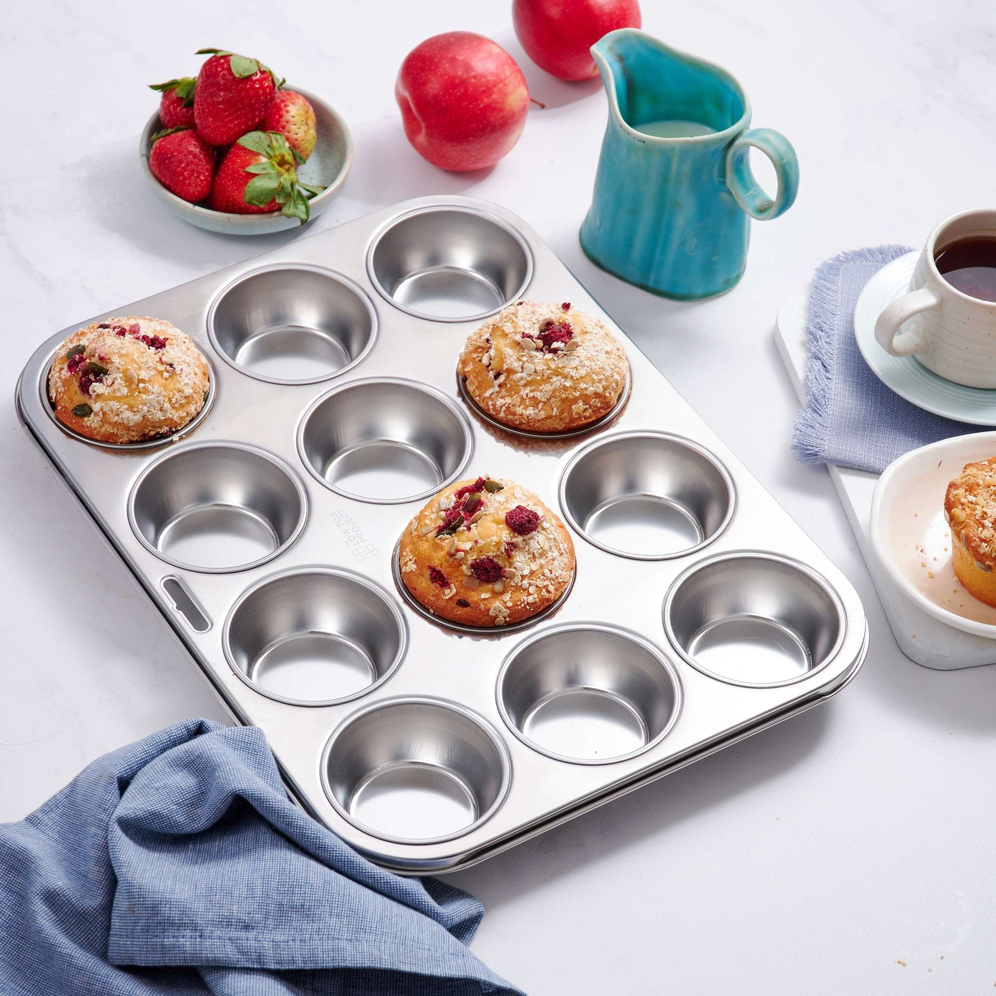 Stainless steel muffin pan in use