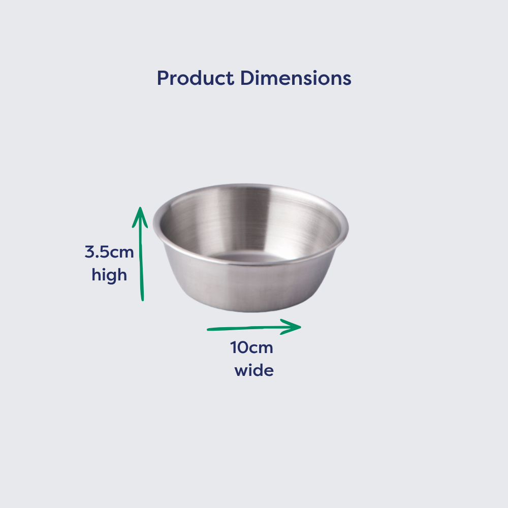 10cm stainless steel bowl with a round edge, measuring 3.5cm high and 10cm wide, displayed with dimensions.