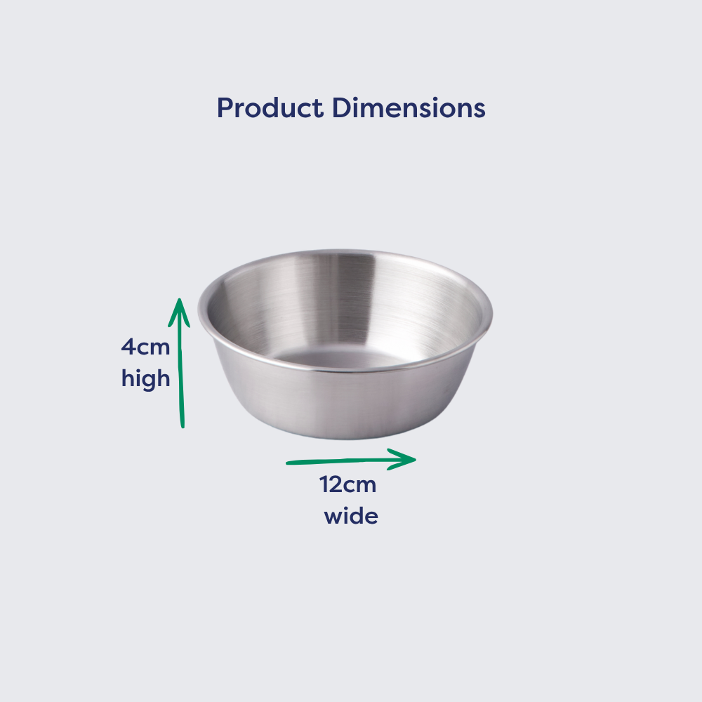 12cm stainless steel bowl with a round edge, measuring 4cm high and 12cm wide, shown with dimension labels.
