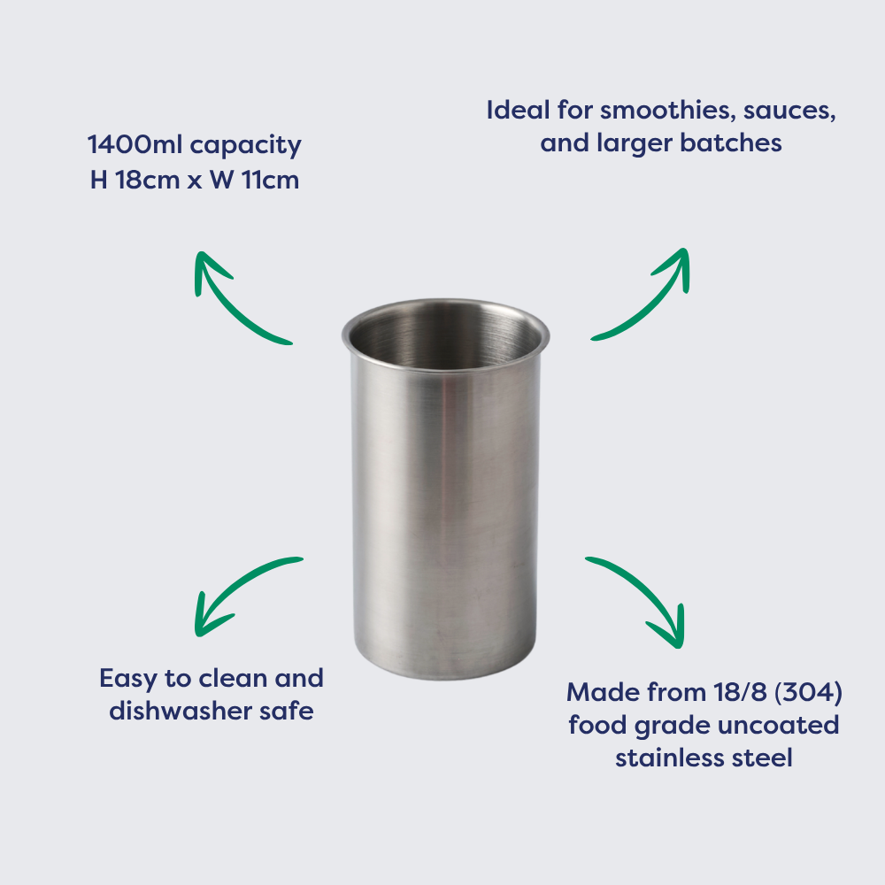 Stainless steel blender cup with 1400ml capacity, 18cm height, and 11cm width, suitable for smoothies and sauces.