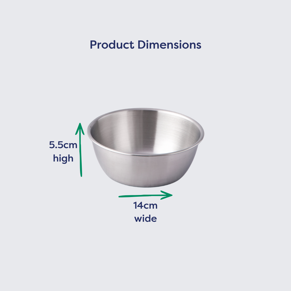 14cm stainless steel bowl with round edges, measuring 5.5cm high and 14cm wide, shown with dimensions labeled.