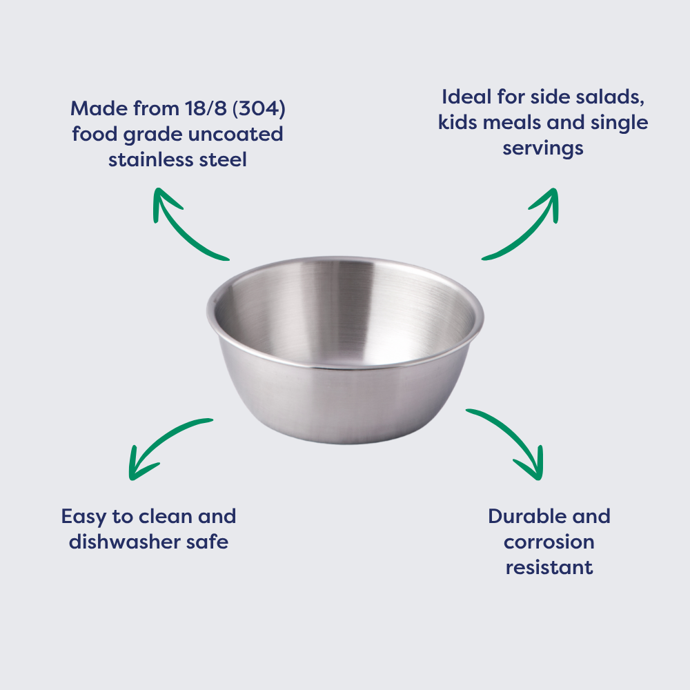14cm round edge stainless steel bowl with a polished finish, suitable for salads and single servings.