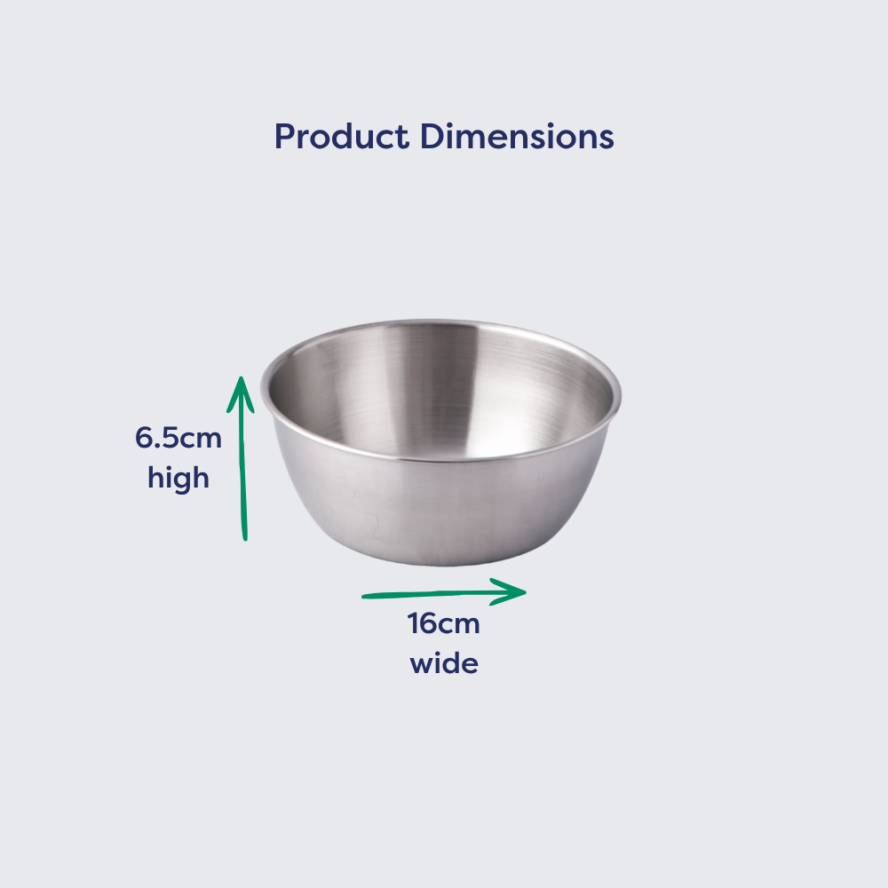 16cm stainless steel bowl with rounded edges and labelled dimensions for width, height, and capacity.