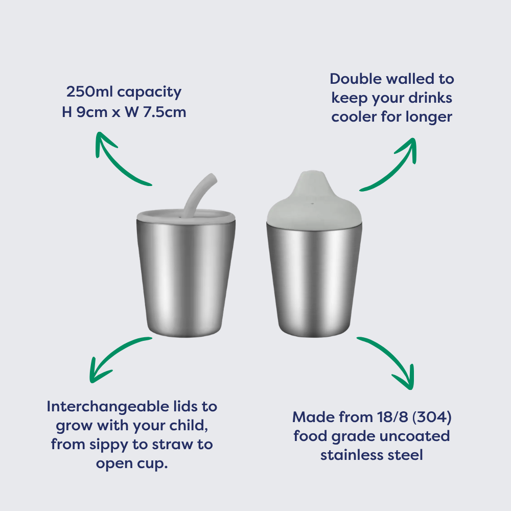 Stainless steel double-walled 250ml cup with interchangeable sippy and straw lids, silver finish, and dimensions labeled.