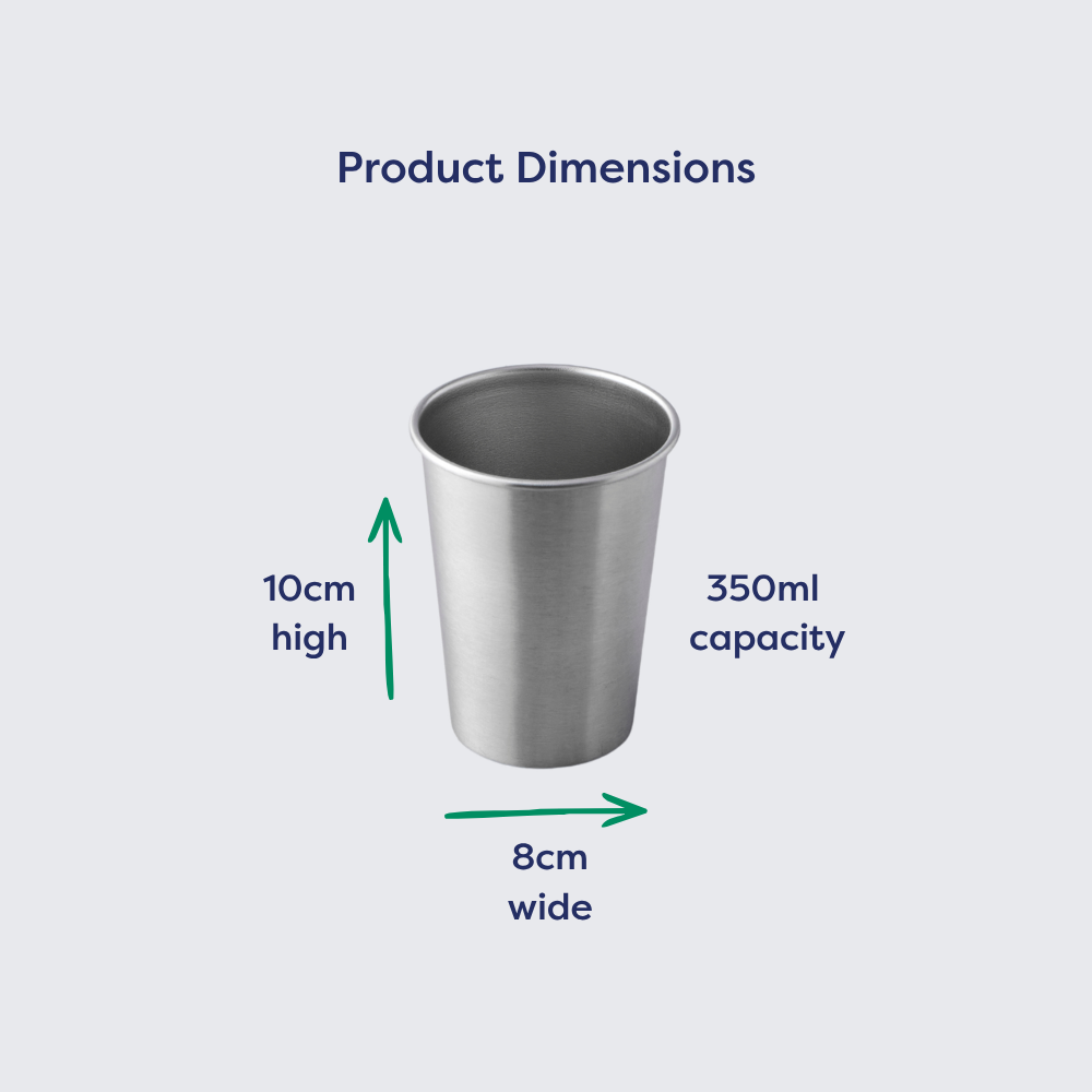 350ml stainless steel drinking cup, 10cm high and 8cm wide, with dimensions labeled in green arrows.