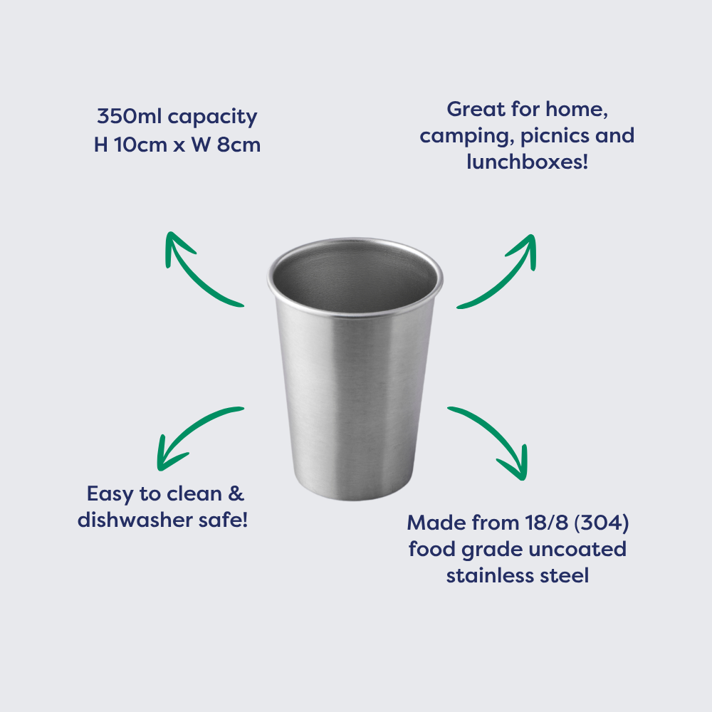 350ml stainless steel drinking cup with a smooth finish, measuring 10cm in height and 8cm in width.