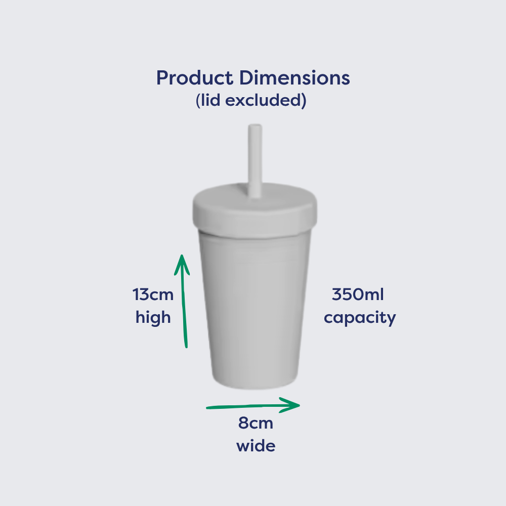 Stainless steel double-walled 350ml cup with silicone sleeve and straw, dimensions 13cm high and 8cm wide.