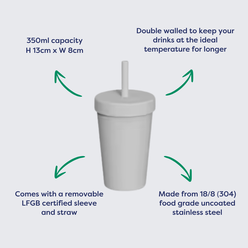 Stainless steel double-walled 350ml cup with a silicone sleeve and removable straw, shown from the front.
