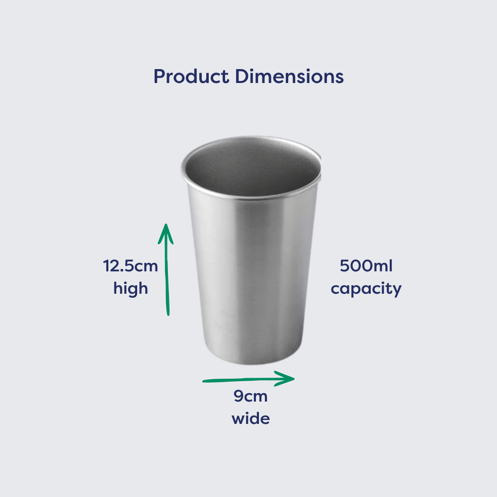 500ml stainless steel drinking cup, 12.5cm high and 9cm wide, shown with dimensions labeled.
