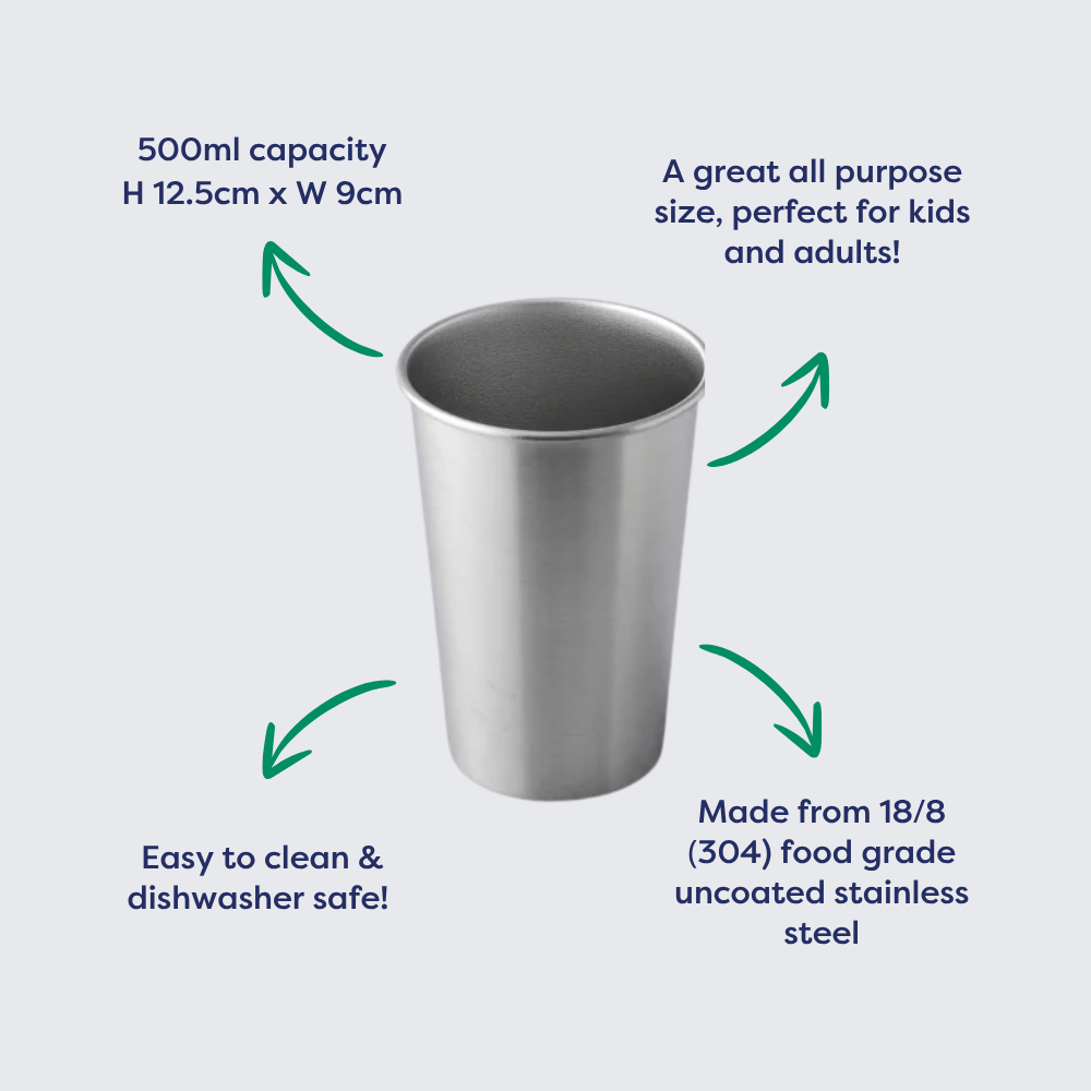 500ml stainless steel drinking cup, 12.5cm tall and 9cm wide, uncoated, easy to clean and dishwasher safe.