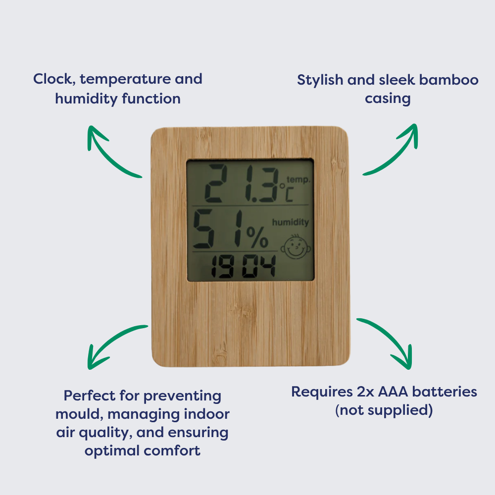 Bamboo digital hygrometer displaying temperature at 21.3°C and humidity at 51%, with a sleek bamboo casing.