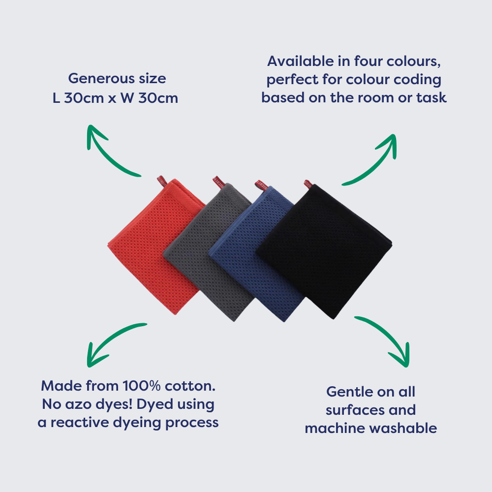 Cotton cleaning cloth towels in four colors: red, blue, gray, and black, measuring 30cm x 30cm each.