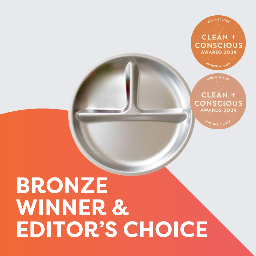 Stainless steel divided children's plate with three sections, featuring bronze winner and editor's choice badges.