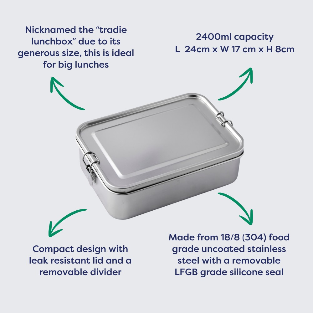 Extra large stainless steel lunch box with 2400ml capacity, removable divider, and leak-resistant lid.