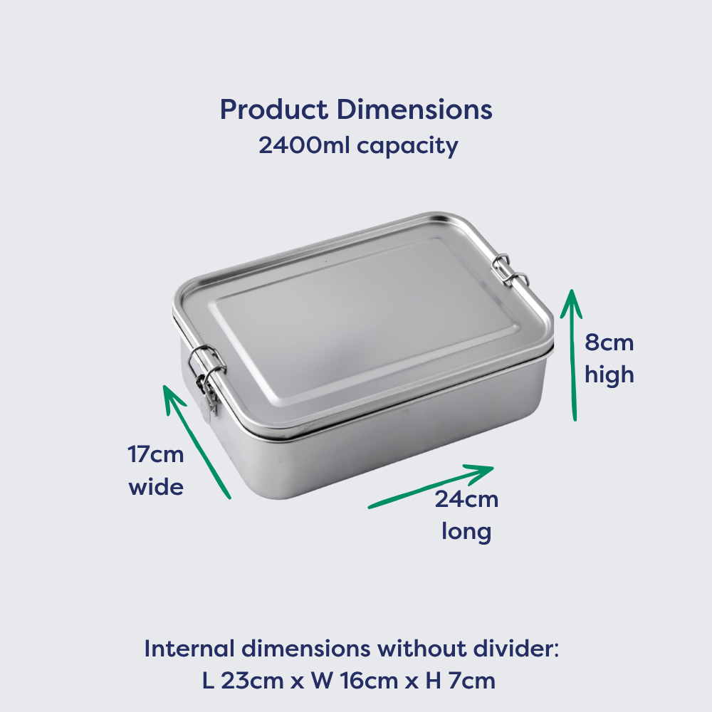 Extra large stainless steel lunch box with 2400ml capacity, measuring 24cm long, 17cm wide, and 8cm high.