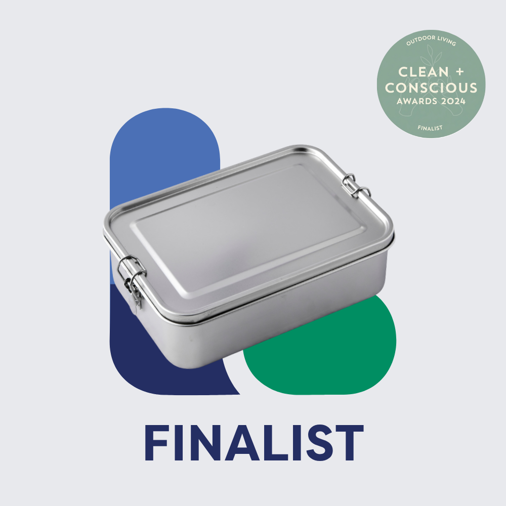 Rectangular stainless steel lunch box with a secure clip-lock lid displayed on a light grey background with a Clean + Conscious Awards 2024 Finalist badge in the top right. Bold text at the bottom reads: "FINALIST."