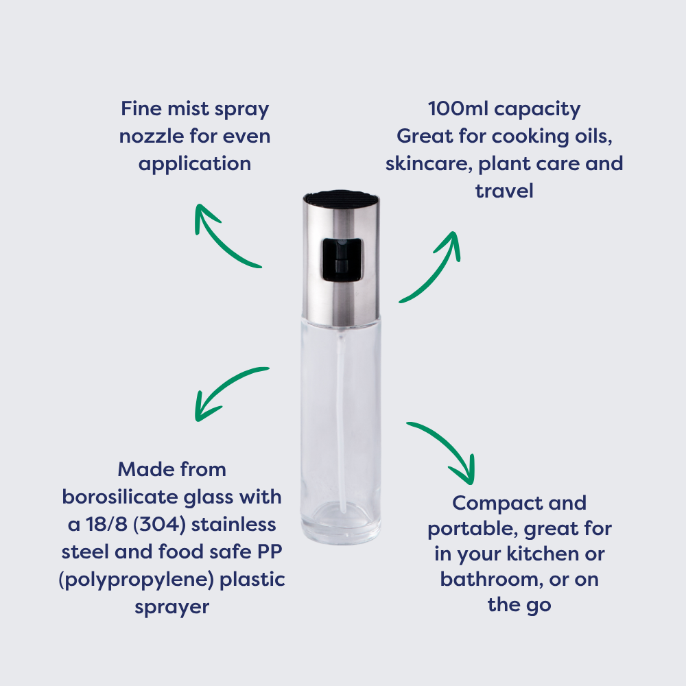 Clear glass oil spray bottle with a fine mist nozzle, 100ml capacity, stainless steel top, ideal for cooking and skincare.