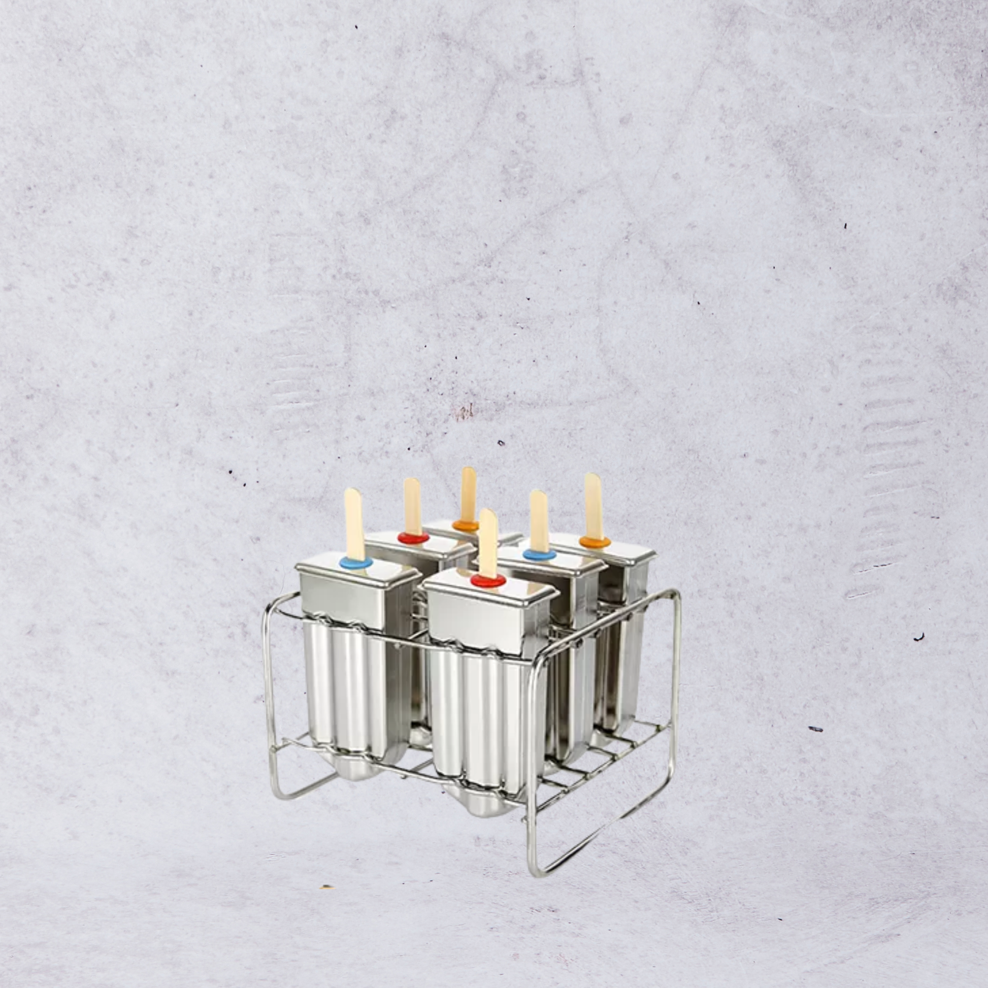 Metallic popsicle mold with colorful sticks on a textured gray background
