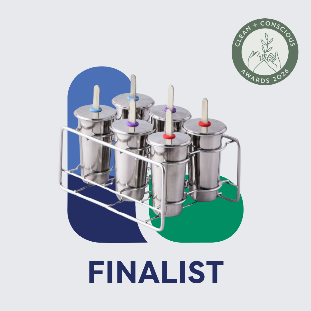Six stainless steel ice block moulds. The product is shown on a white background with abstract blue and green shapes, alongside a green "Clean + Conscious Awards 2026" finalist badge and the word FINALIST in large navy text below.