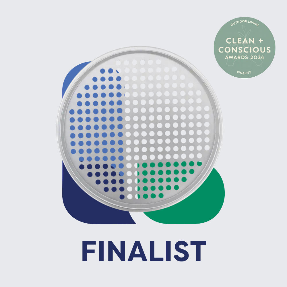 Round stainless steel perforated grill tray displayed on a light grey background with a Clean + Conscious Awards 2024 Finalist badge in the top right. Bold text at the bottom reads: "FINALIST."