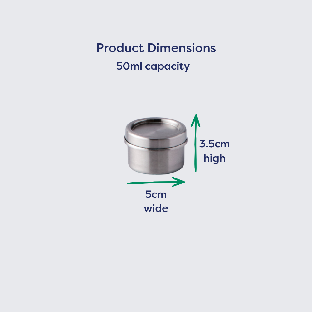 Small round stainless steel container with a 50ml capacity, measuring 5cm wide and 3.5cm high.