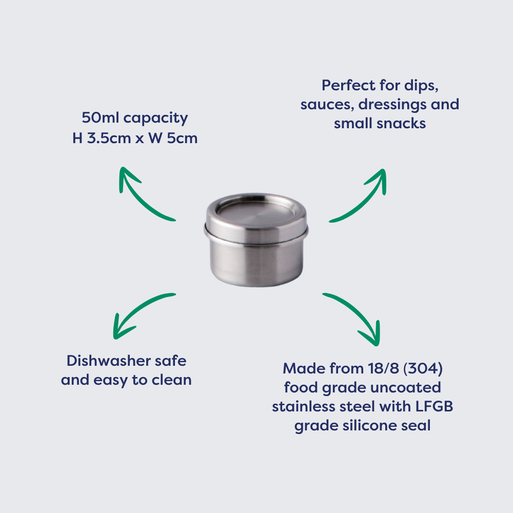 Small round stainless steel container, 50ml capacity, 3.5cm height, 5cm width, with a silicone seal for freshness.