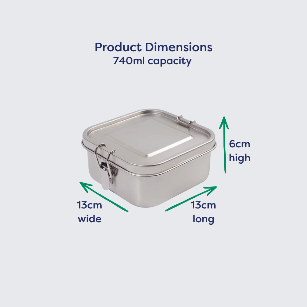 Small square stainless steel lunch box with 740ml capacity, measuring 13cm wide, 13cm long, and 6cm high.