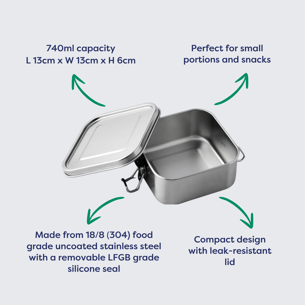 Small square stainless steel lunch box, 740ml capacity, with removable silicone seal and leak-resistant lid.