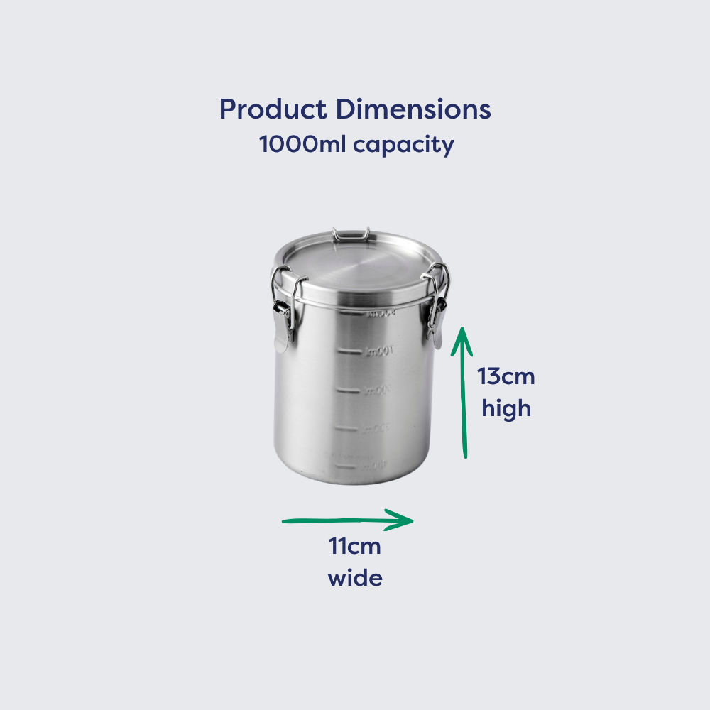 Stainless steel canister with 1000ml capacity, measuring 13cm high and 11cm wide, shown with dimensions marked.