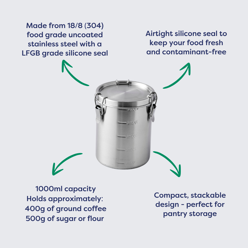 Stainless steel canister with a 1000ml capacity, airtight silicone seal, and a compact design for pantry storage.