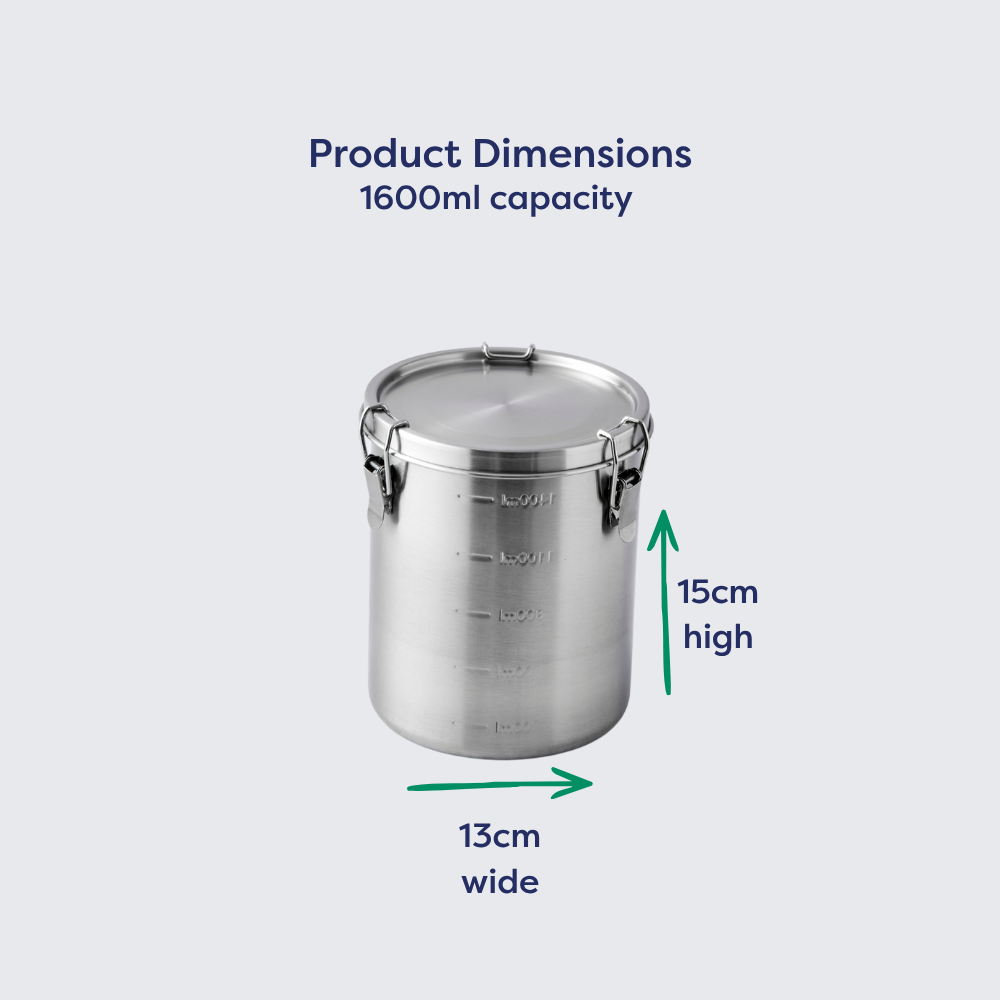 Stainless steel canister with a 1600ml capacity, measuring 15cm high and 13cm wide, shown with dimensions labeled.