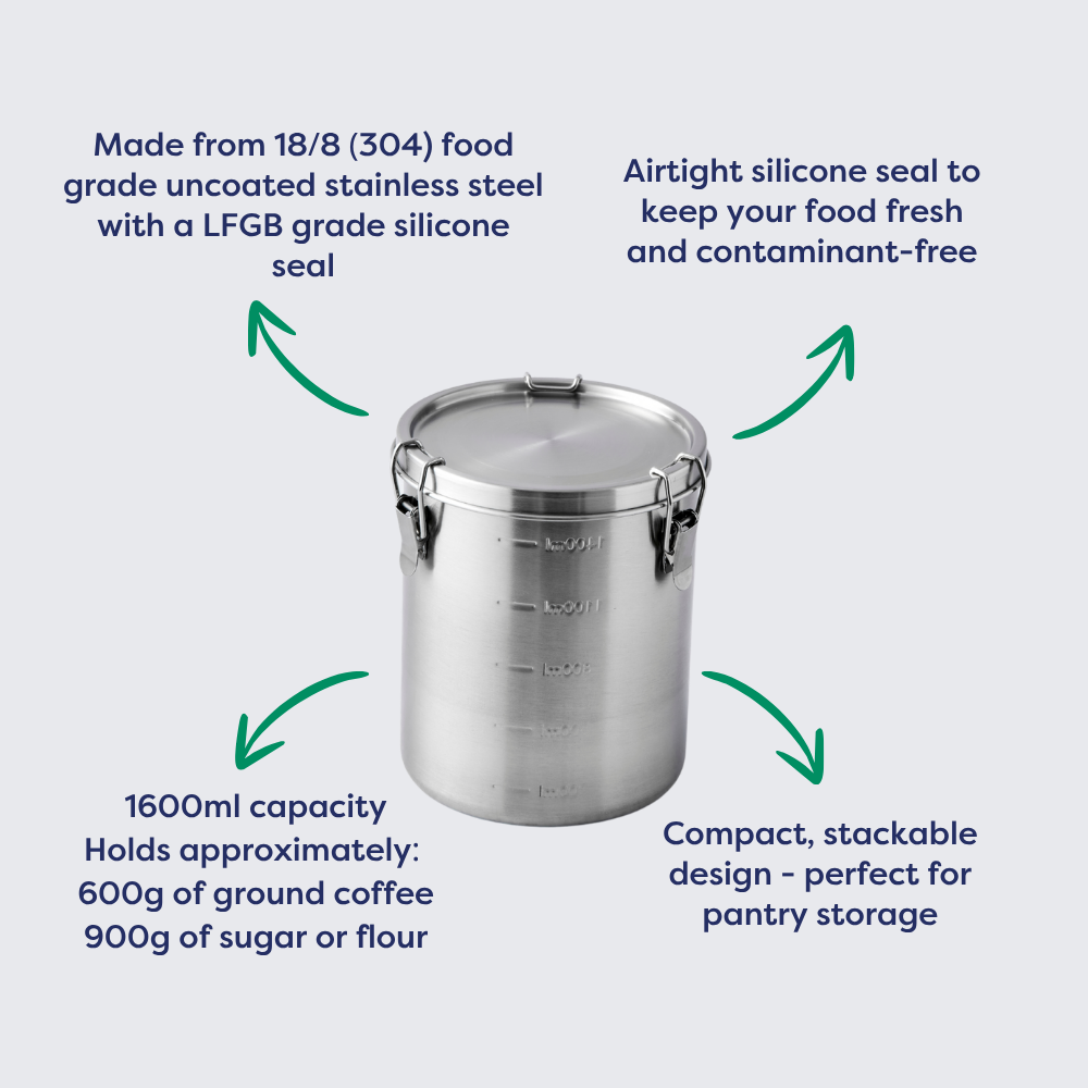 Stainless steel canister with a 1600ml capacity, airtight silicone seal, and a compact, stackable design for pantry storage.