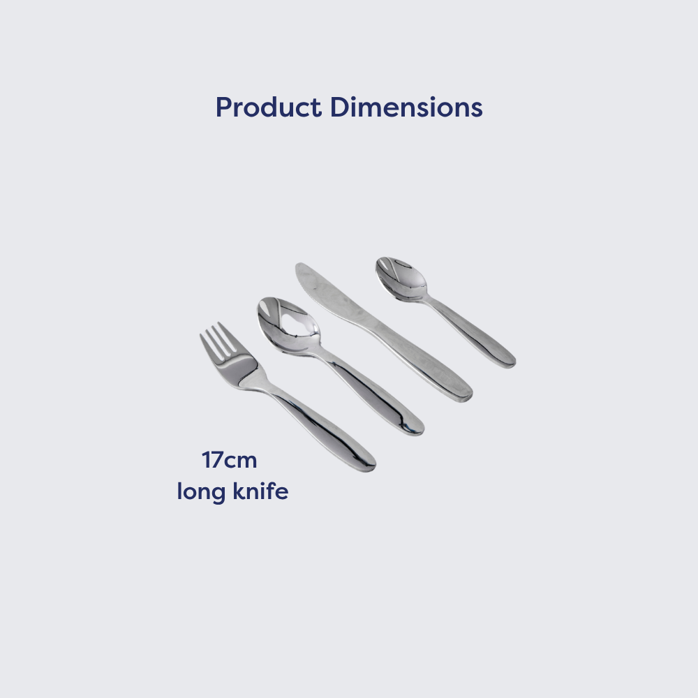 Stainless steel children's cutlery set with fork, knife, and spoon, dimensions labeled on a light background.