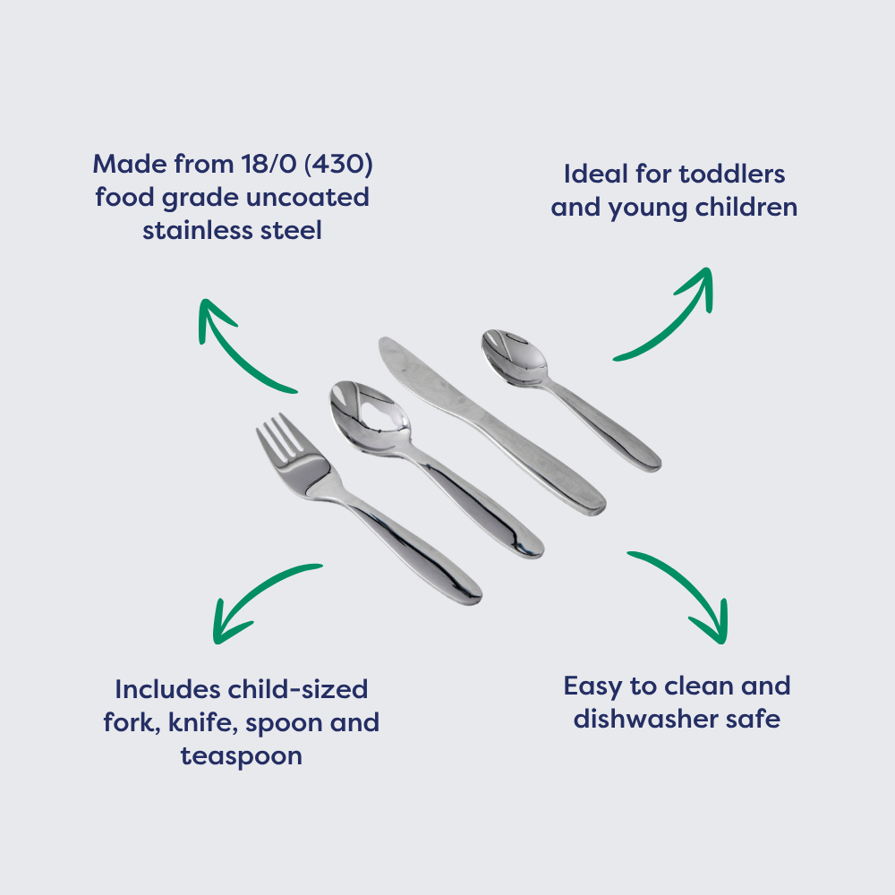 Stainless steel children's cutlery set with fork, knife, spoon, and teaspoon, designed for toddlers and easy to clean.
