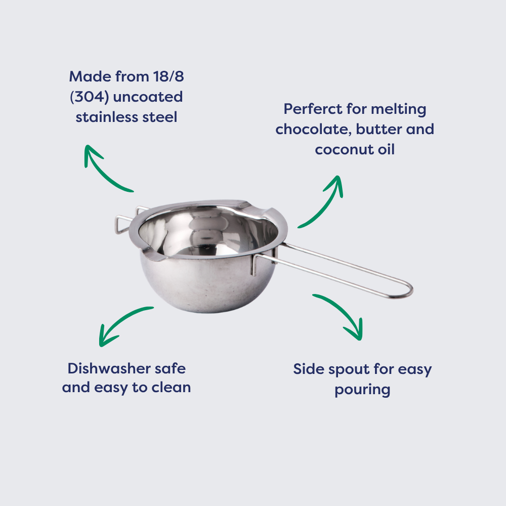 Stainless steel chocolate melting pot with a side spout for easy pouring and a handle for secure grip.