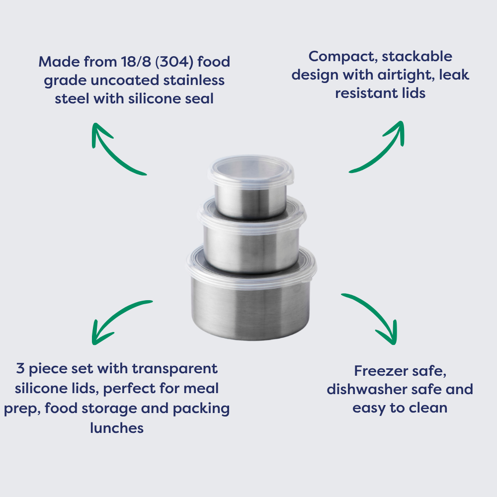 Stainless Steel Container Set with Clear Silicone Lid (3 piece set)
