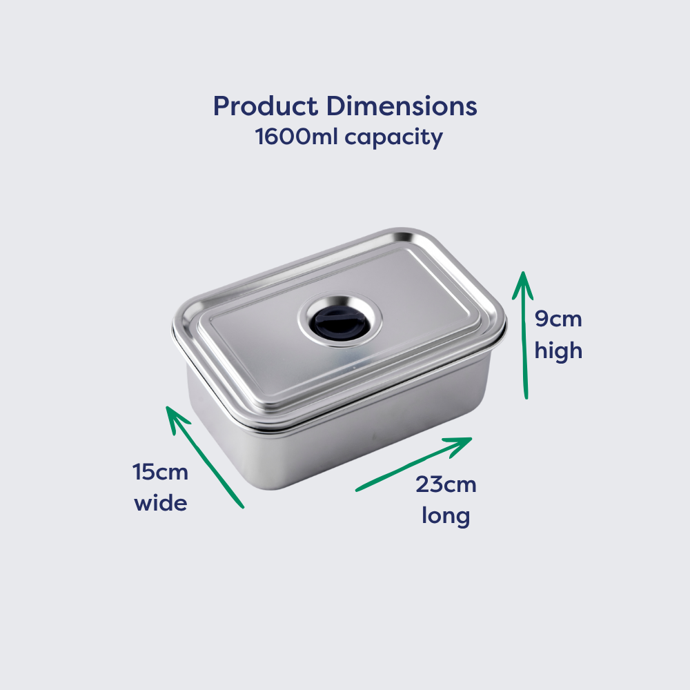Stainless steel container with silicone vent, dimensions 23cm long, 15cm wide, and 9cm high, 1600ml capacity.