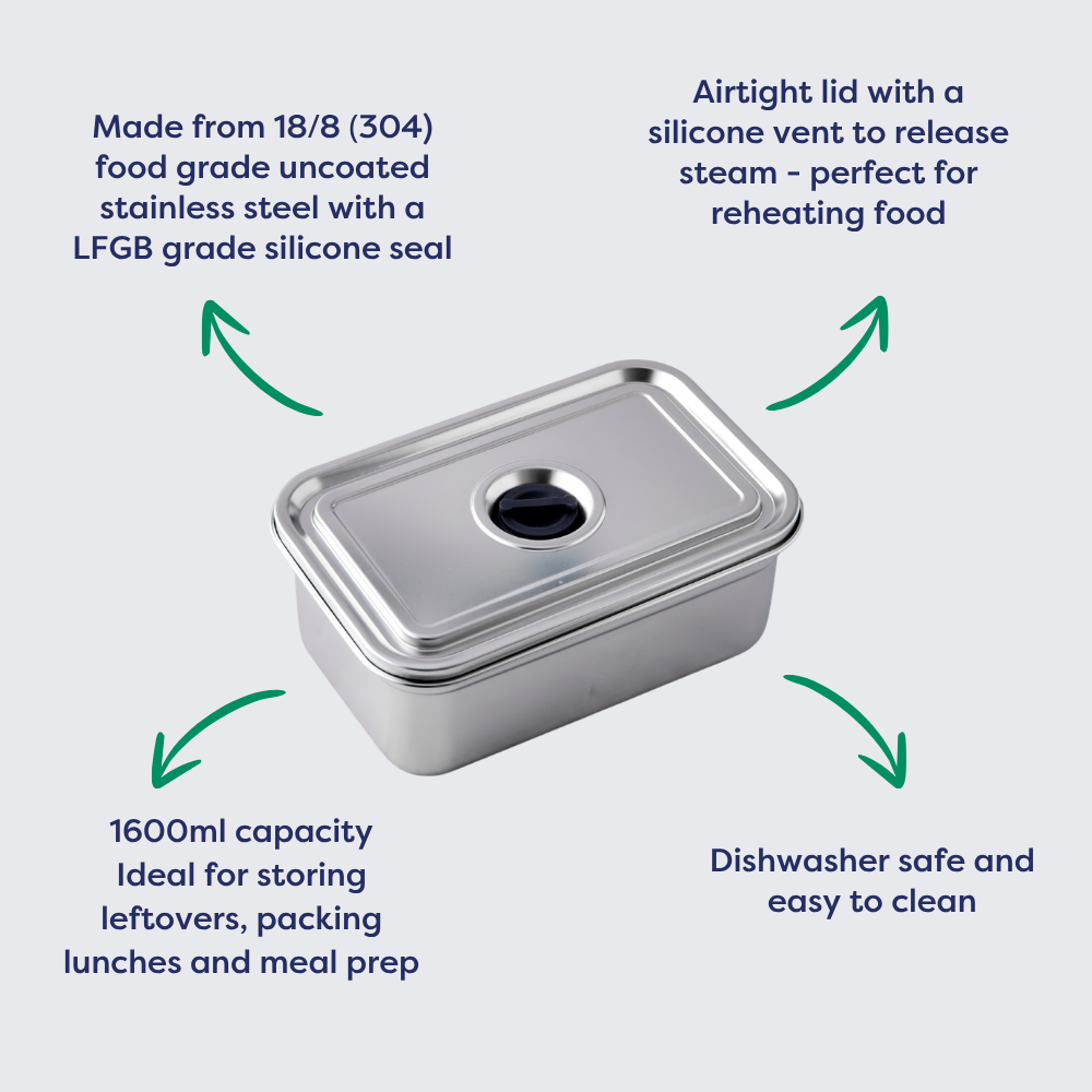 Stainless steel container with a silicone vent, 1600ml capacity, airtight lid, and dishwasher-safe design.