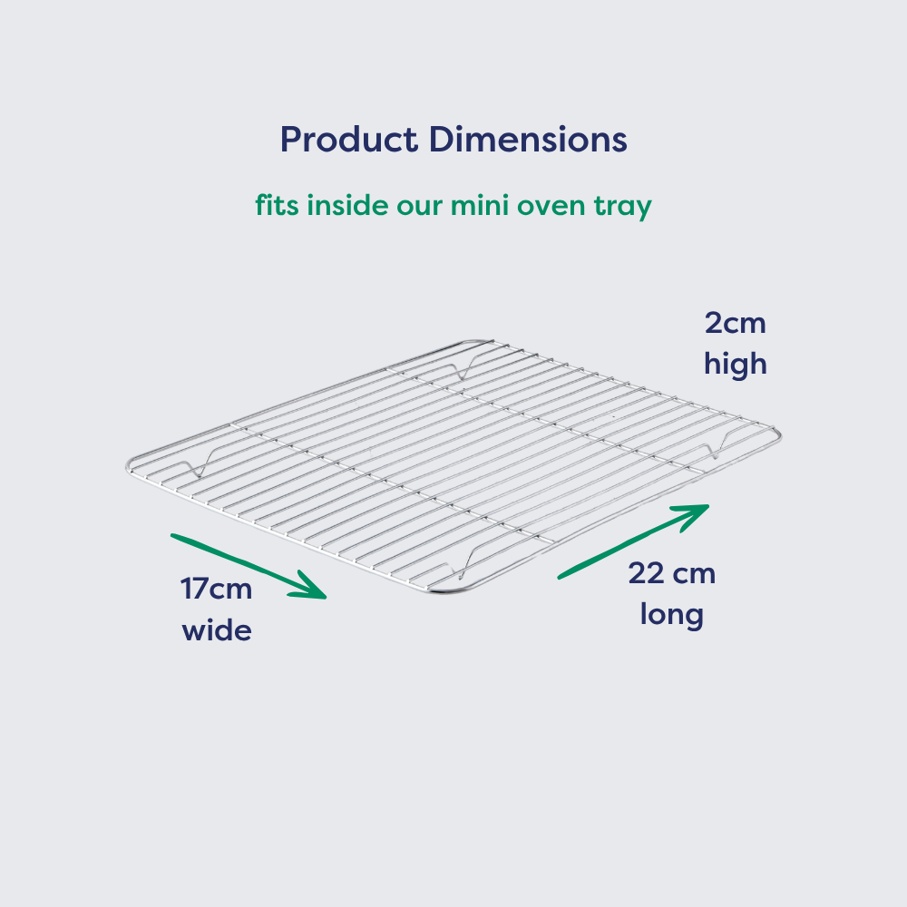 Mini stainless steel cooling rack with dimension guide and product measurements.
