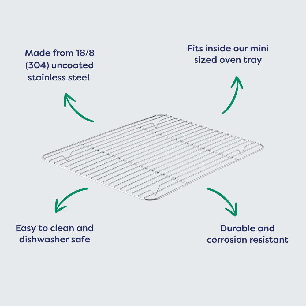 Stainless steel mini cooling rack with grid pattern, designed for oven trays, durable and dishwasher safe.