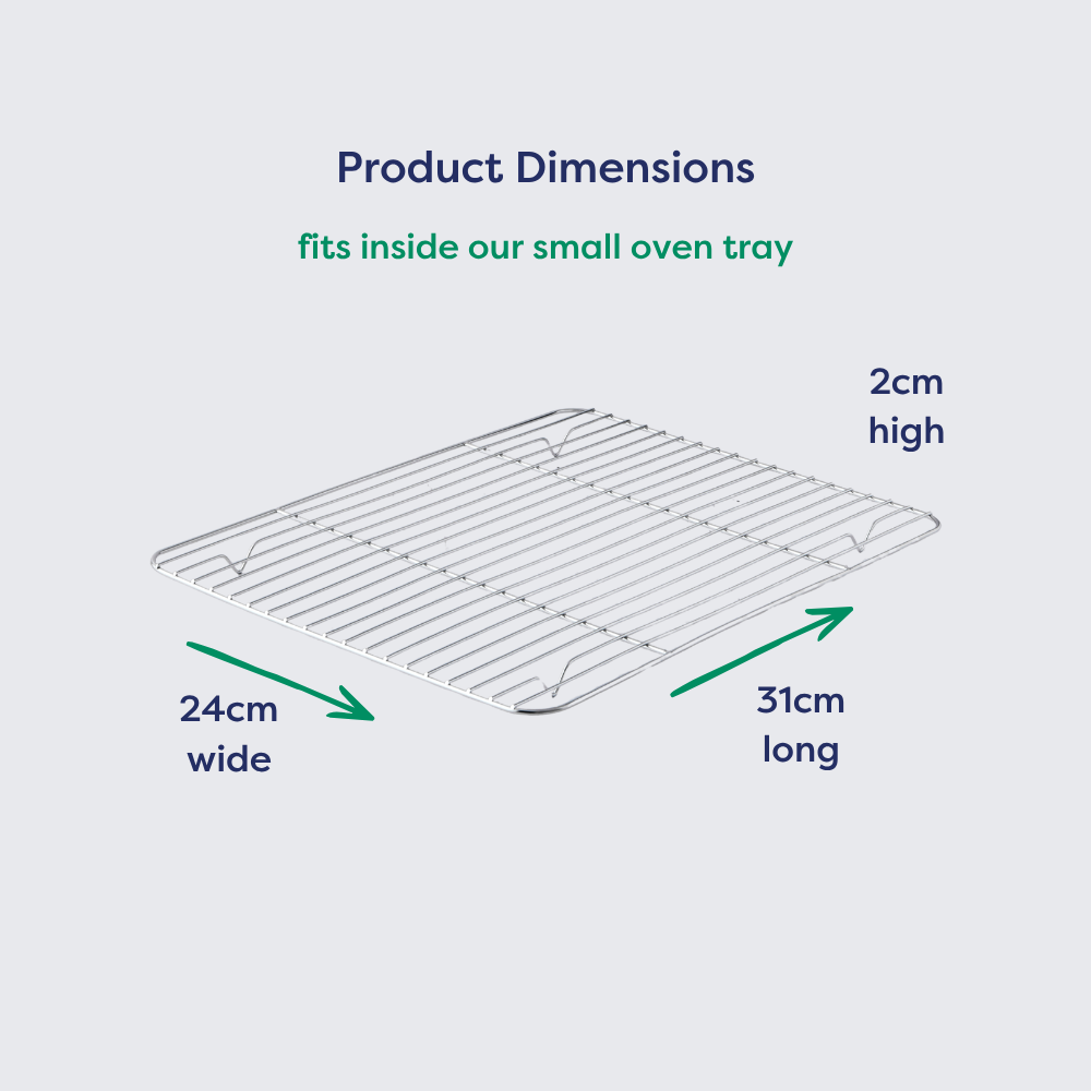 Small stainless steel cooling rack with labelled dimensions and measurements.