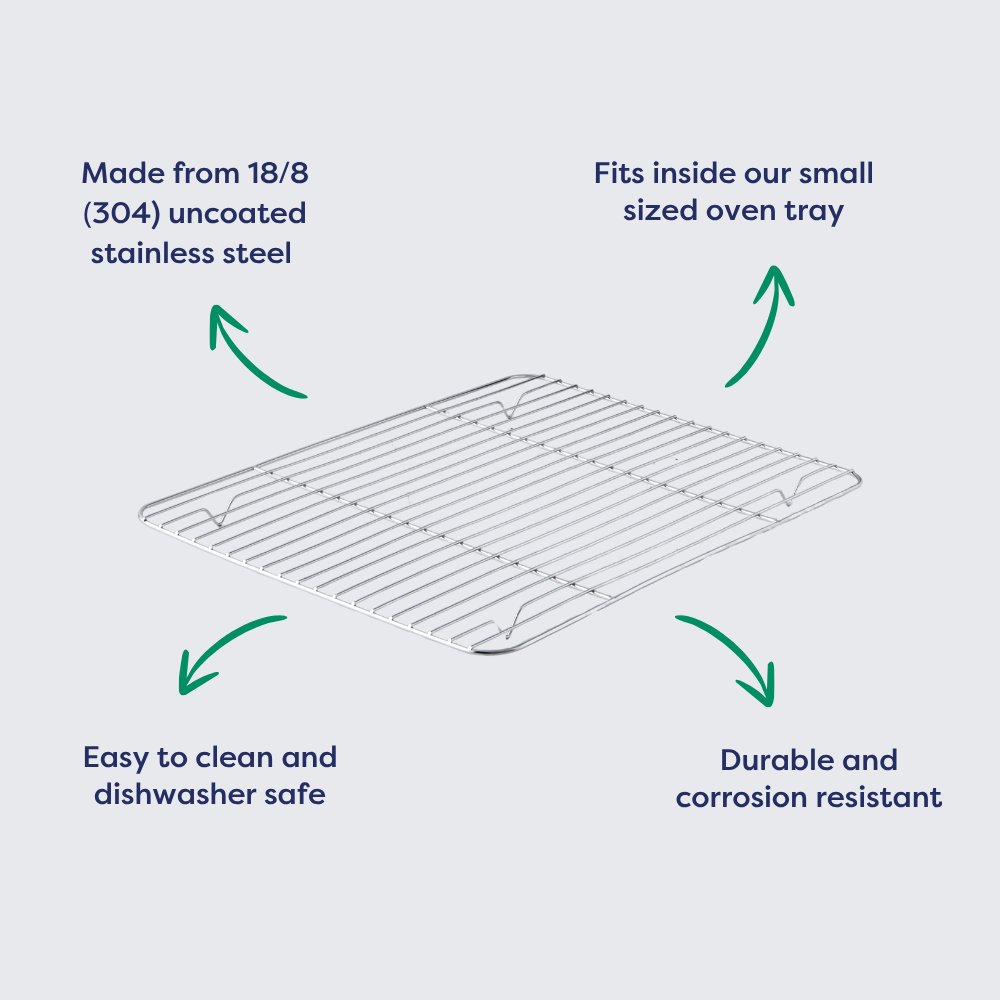 Stainless steel cooling rack with a grid design, suitable for small oven trays, easy to clean and dishwasher safe.