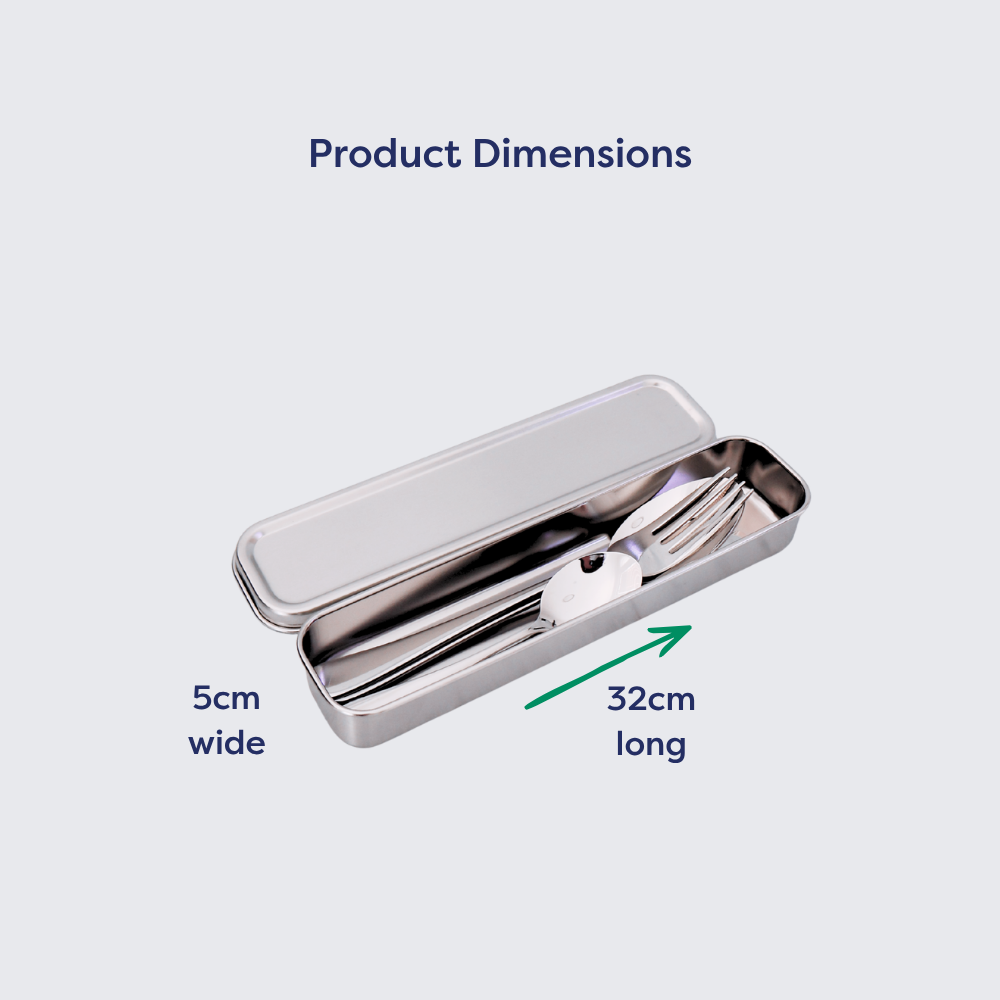Stainless steel chopsticks displayed inside open storage tin showing dimensions