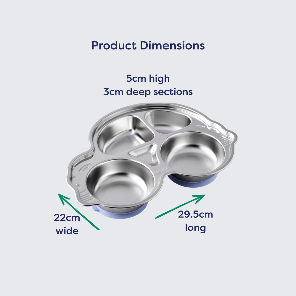 Stainless steel divided car plate with suction, featuring three sections and dimensions: 22cm wide, 29.5cm long, 5cm high.