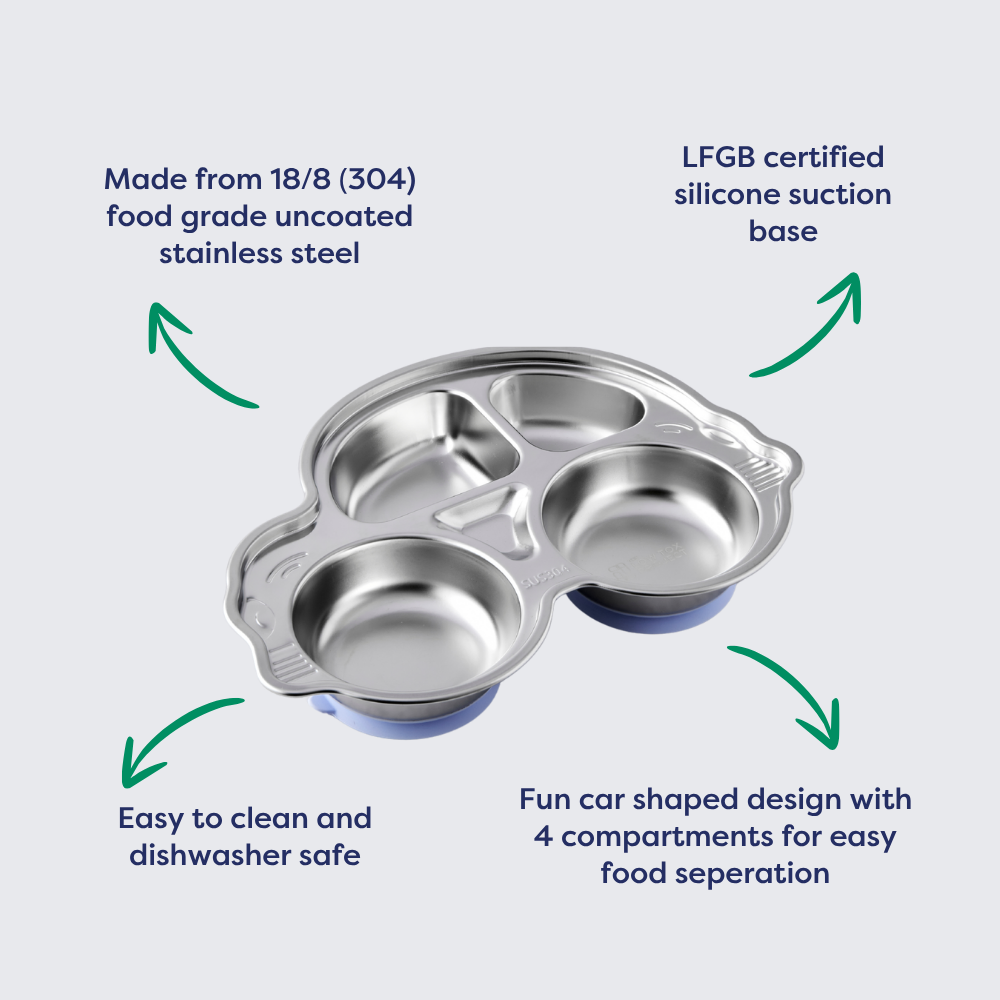 Stainless steel divided car plate with suction base, featuring four compartments and a car shape design.