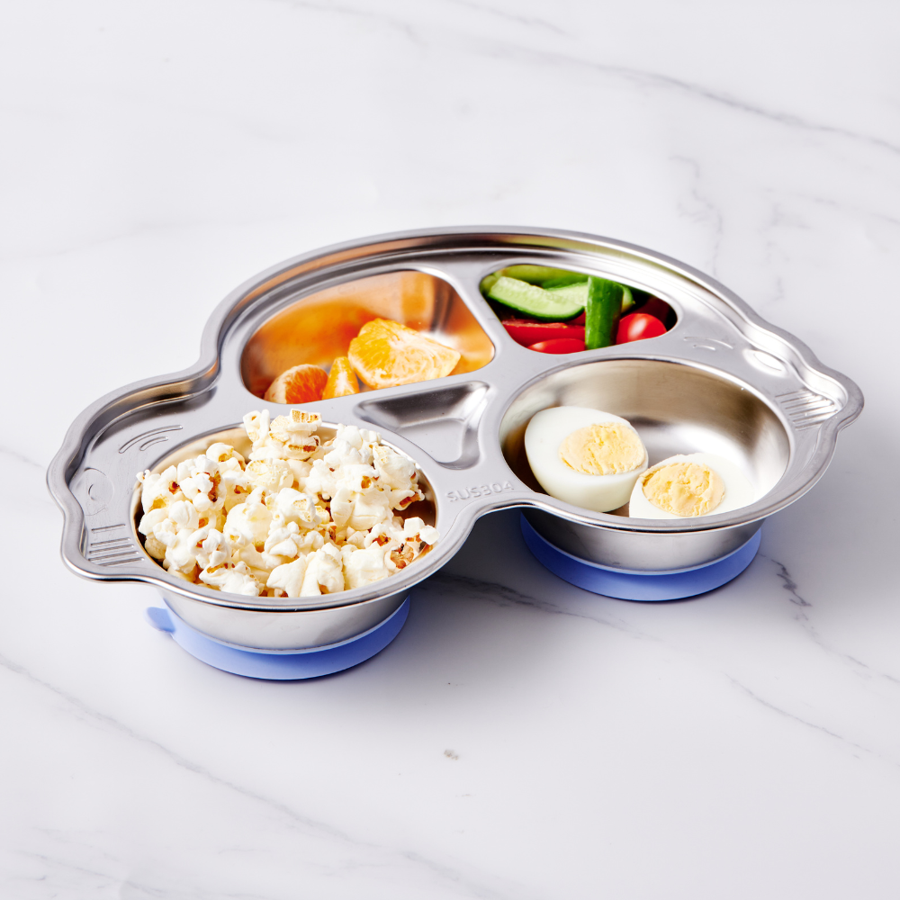 Stainless steel divided car plate with suction base, featuring sections for snacks and fruits, colored blue.