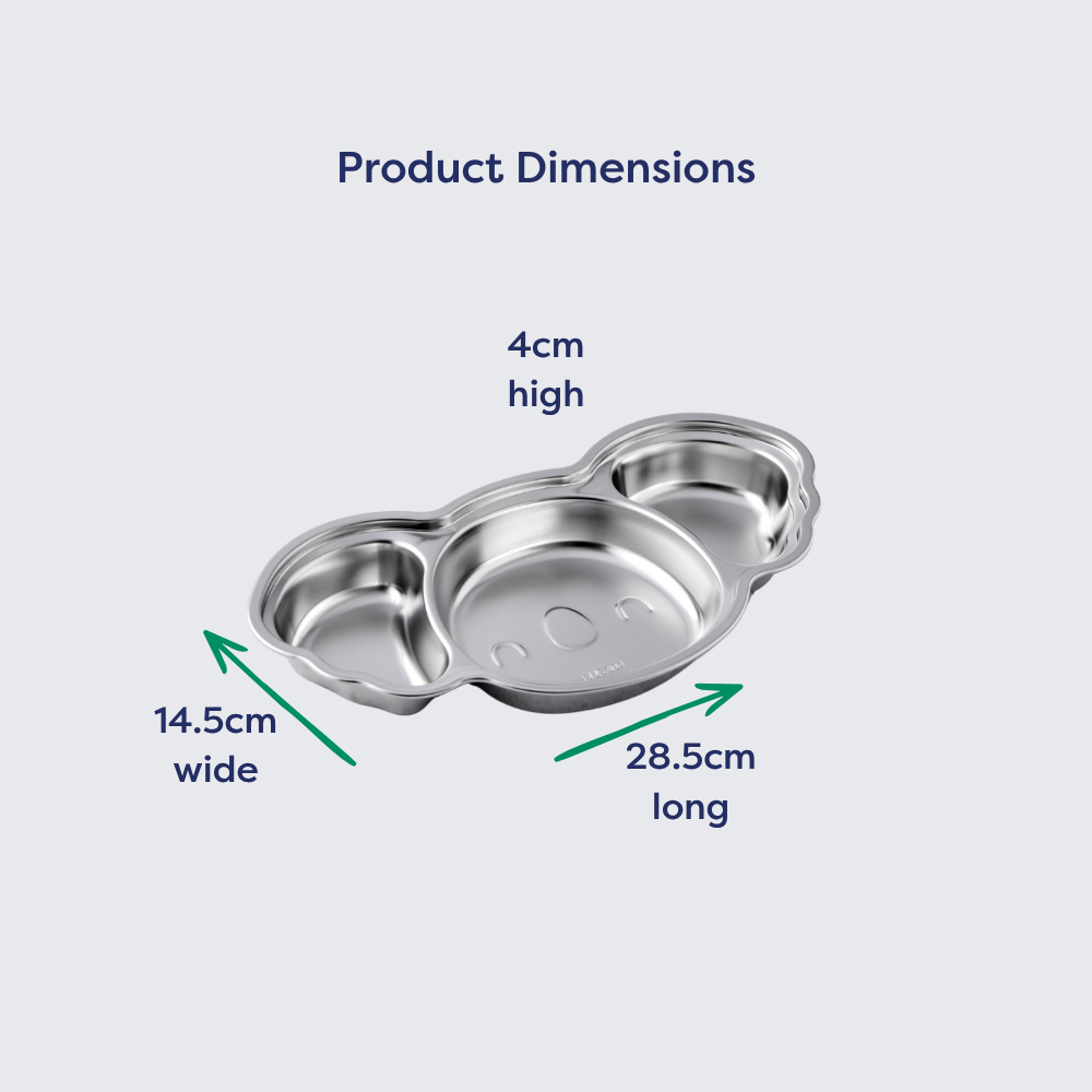 Stainless steel divided koala plate with three sections, measuring 28.5 cm long, 14.5 cm wide, and 4 cm high.