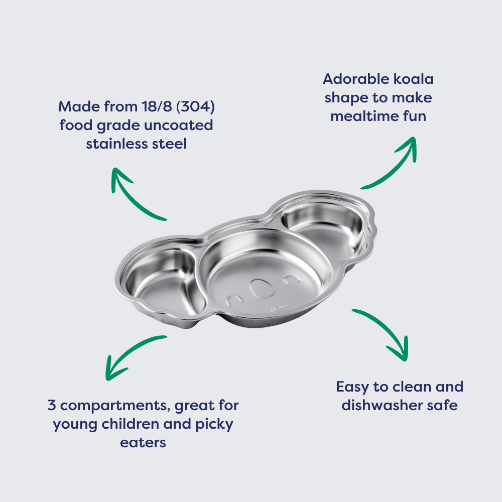 Stainless steel divided koala plate with three compartments, designed for young children and easy to clean.