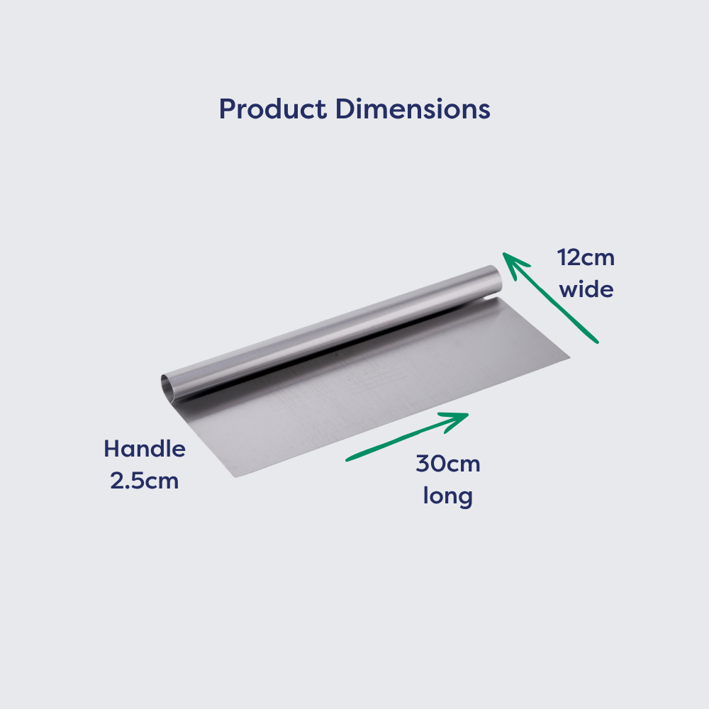 Stainless steel dough cutter with a 30cm long blade and 12cm wide cutting surface, featuring a 2.5cm handle.